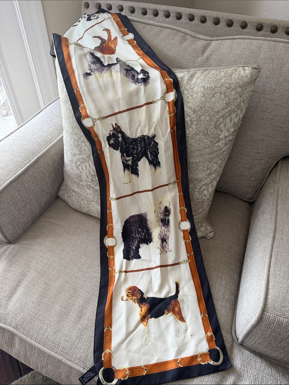 Adrienne Vittadini Dog Print Silk Scarf in Black, Brown & Cream